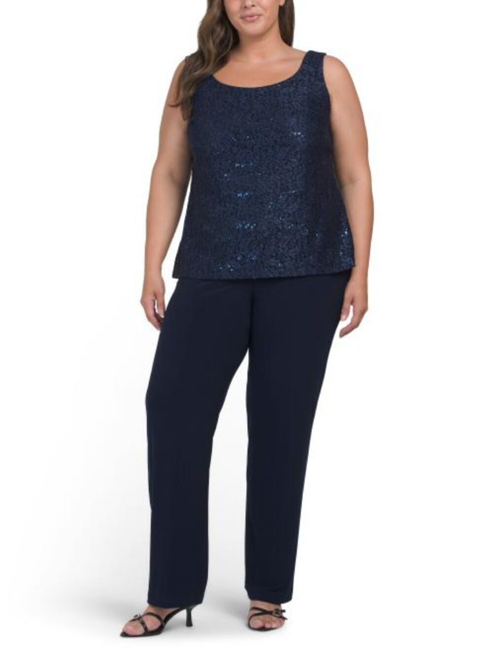 R&M RICHARDS Plus 3pc Scalloped Lace Duster Tank And Pants Set - Picture 3 of 5